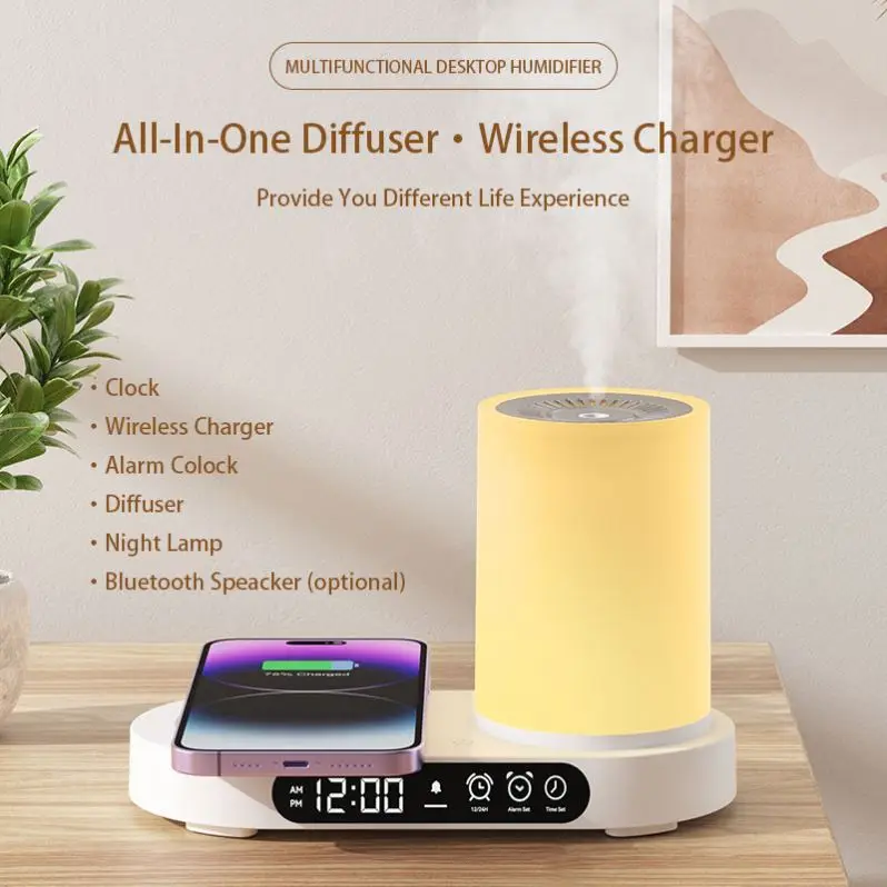 2024 New High Quality Ultrasonic Mist Humidifier Multifunction Aroma Diffusers with Music Speaker, Clock, LED Night Light