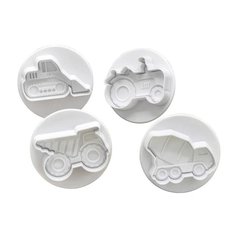 4-Piece Construction Series Transport Car Spring Embosser Real Cake Tool Fondant Plastic Cookie Cutter Pastry Baking Molds