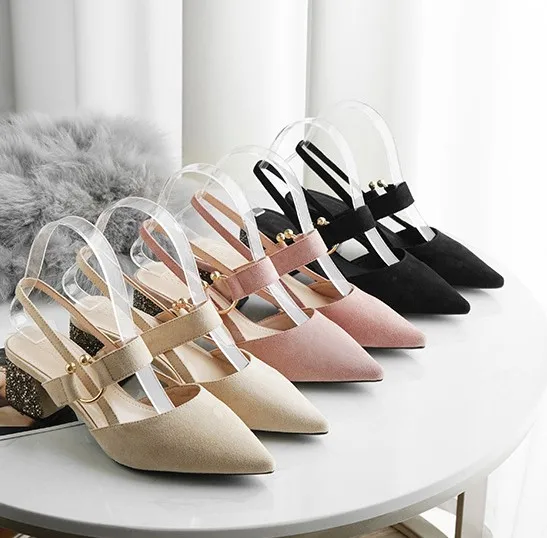 NANA rubber sole sandals female dress shoes, new 5cm high heels rhinestone pointed dress shoes,faux suede leather shoes
