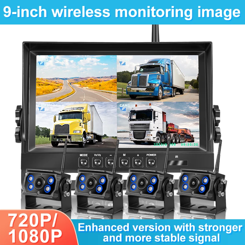 High Quality 9 inch Quad Screen DVR Monitor with Wireless Back Up Front Rear Left Right Waterproof IR Night Vision Cameras