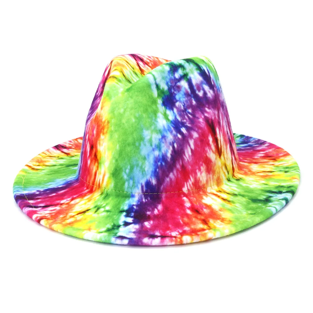 X1671 Jazz Top Caps  Tie Dye  Colorful Wool Felt Cowboy Cap Bowler Hats   Wool Felt Boater Hat