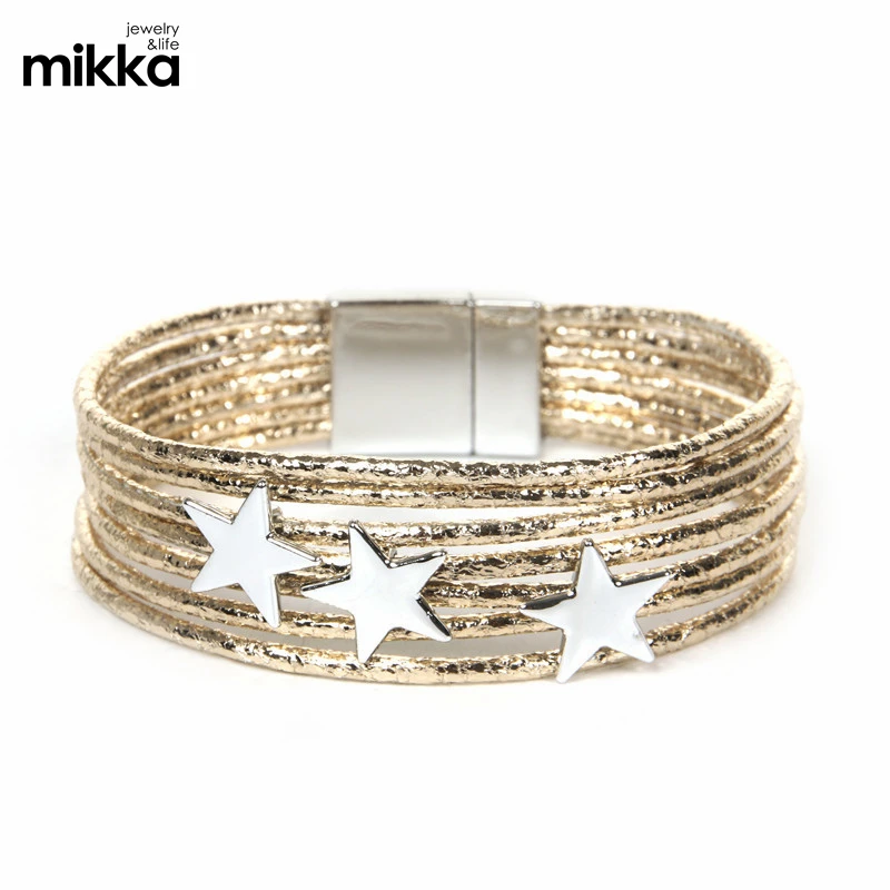 Multiple Layer Star Charms PU Leather Handmade Magnetic Clasp Bracelet for Women Jewelry Gift