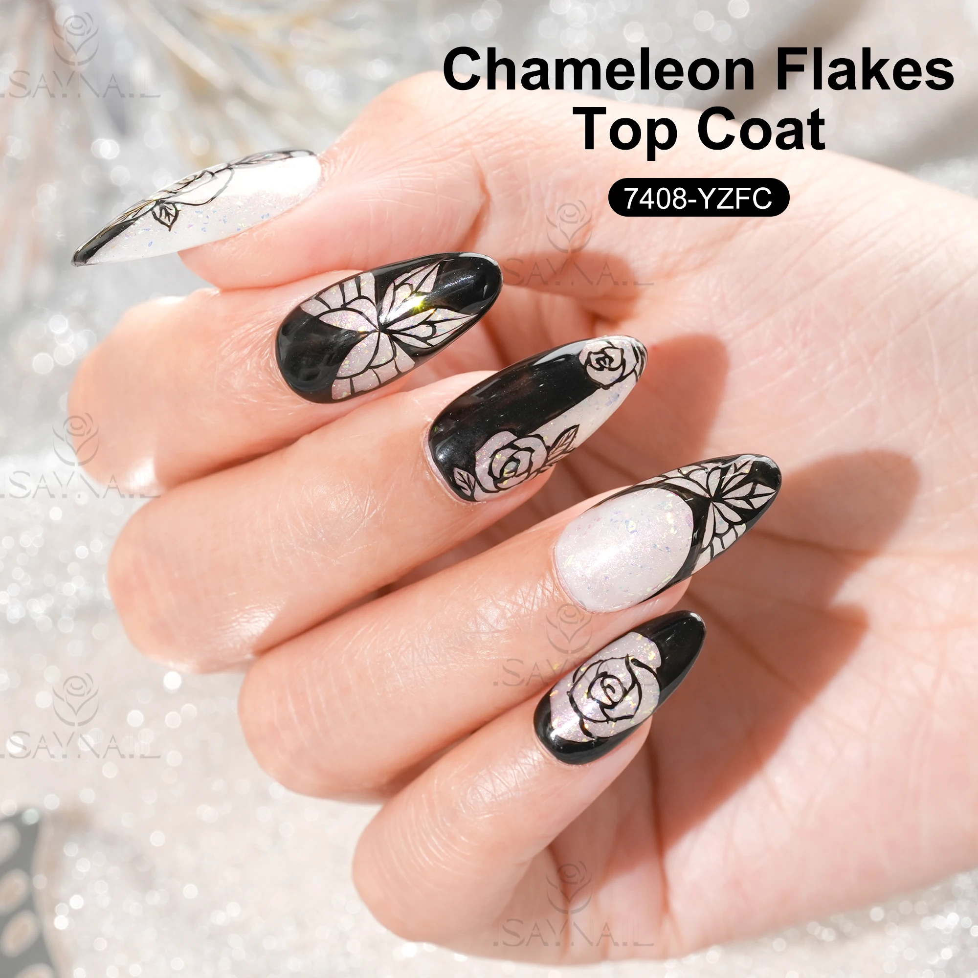 Wholesale Nail Supplier UV Long Lasting Art Nail Custom Logo Glitter Chameleon Flakes Top Coat Gel