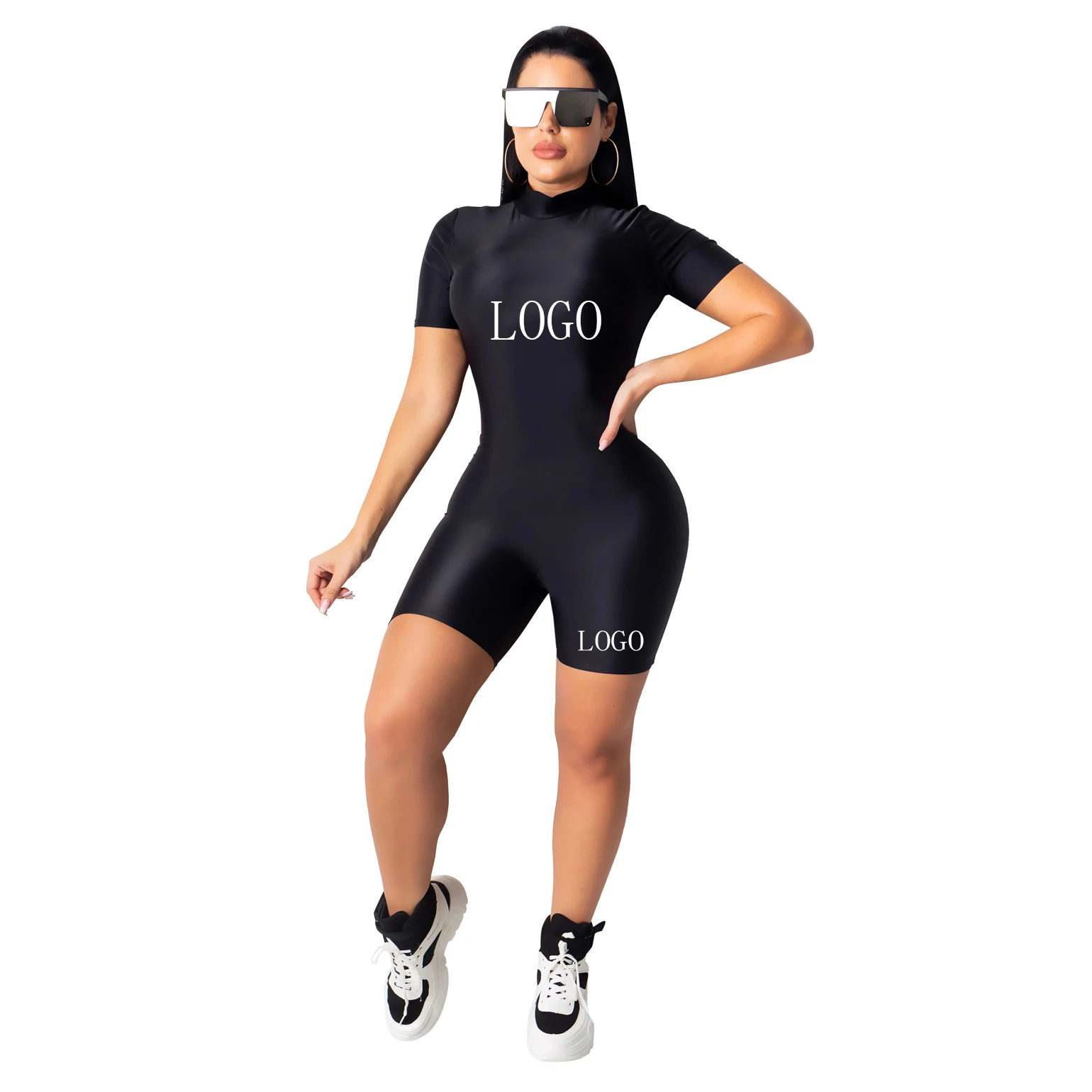 Popular  lettered solid color short sleeve sports Jumpsuit D9233