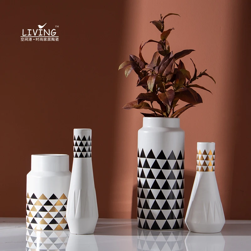 New design  modern ceramic ornaments vase simple nordic style geometric pattern applique creative home decoration vase for hotel