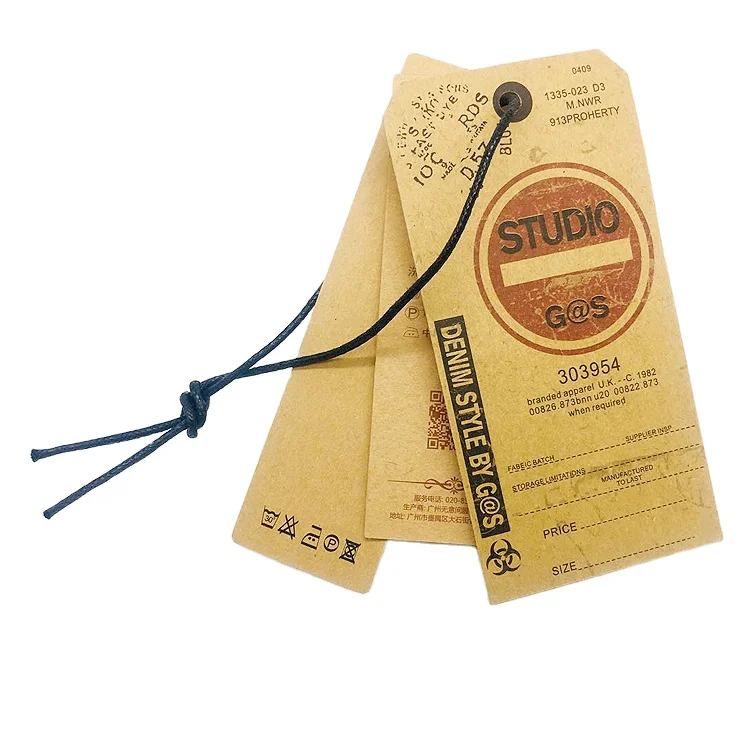 Custom Vintage Jeans Hang Tag For Clothing Recycled Thickness Kraft Paper Private Brand Name Logo Printed Kraft Tags