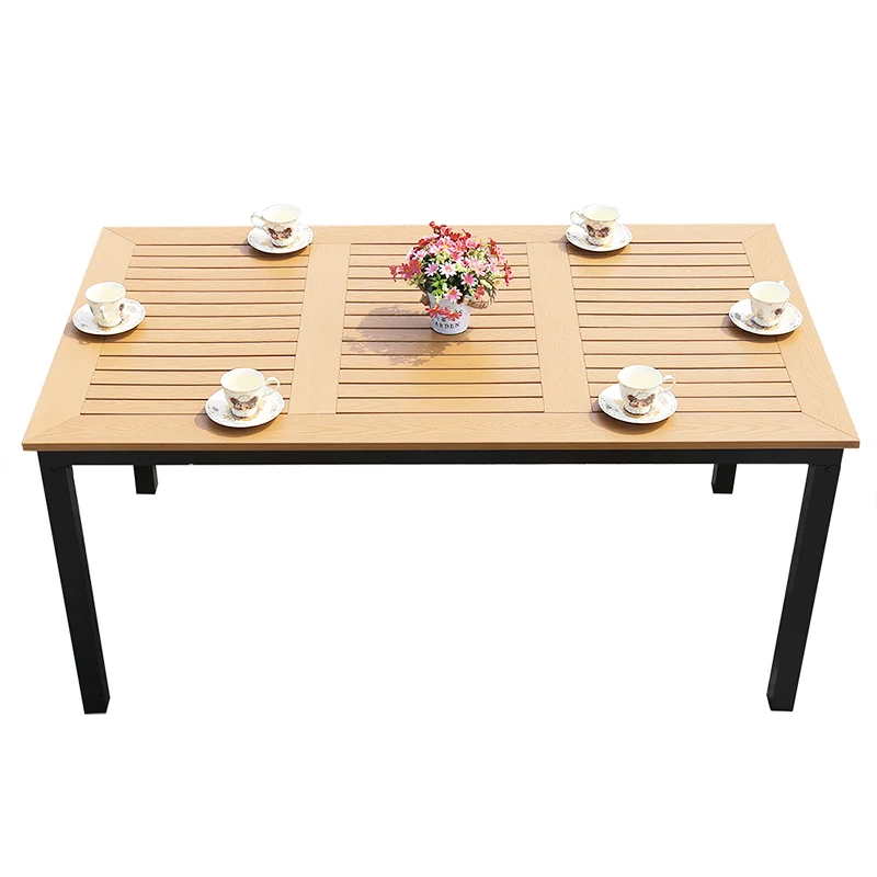 Park patio furniture outdoor garden wood plastic pvc composite wpc picnic dining metal steel table top chair set slat