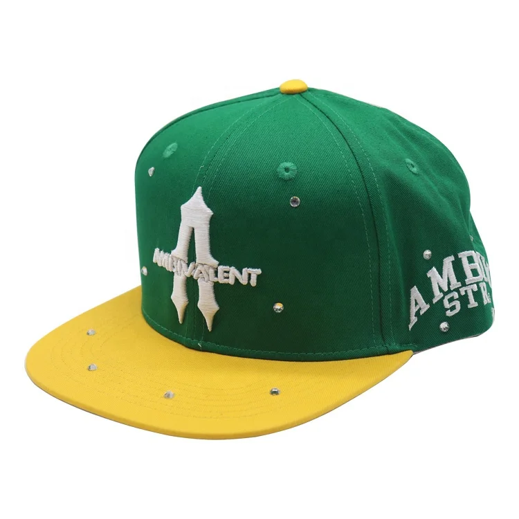 6 panel flat brim custom embroidery green and yellow fitted custom rhinestone hats
