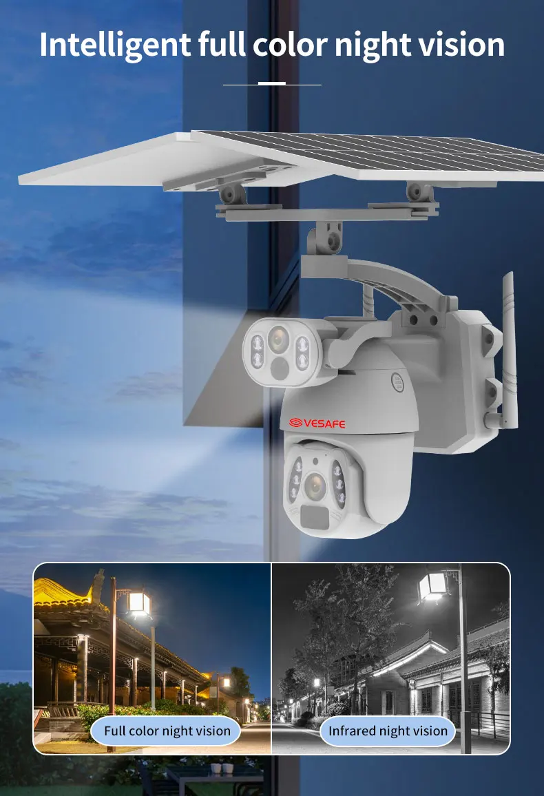 VESAFE 12W Solar Panel Home 6MP 4G Solar Security Camera Wifi PTZ Cctv Motion Tracking Dual Lens Wireless Outdoor H.265 CMOS