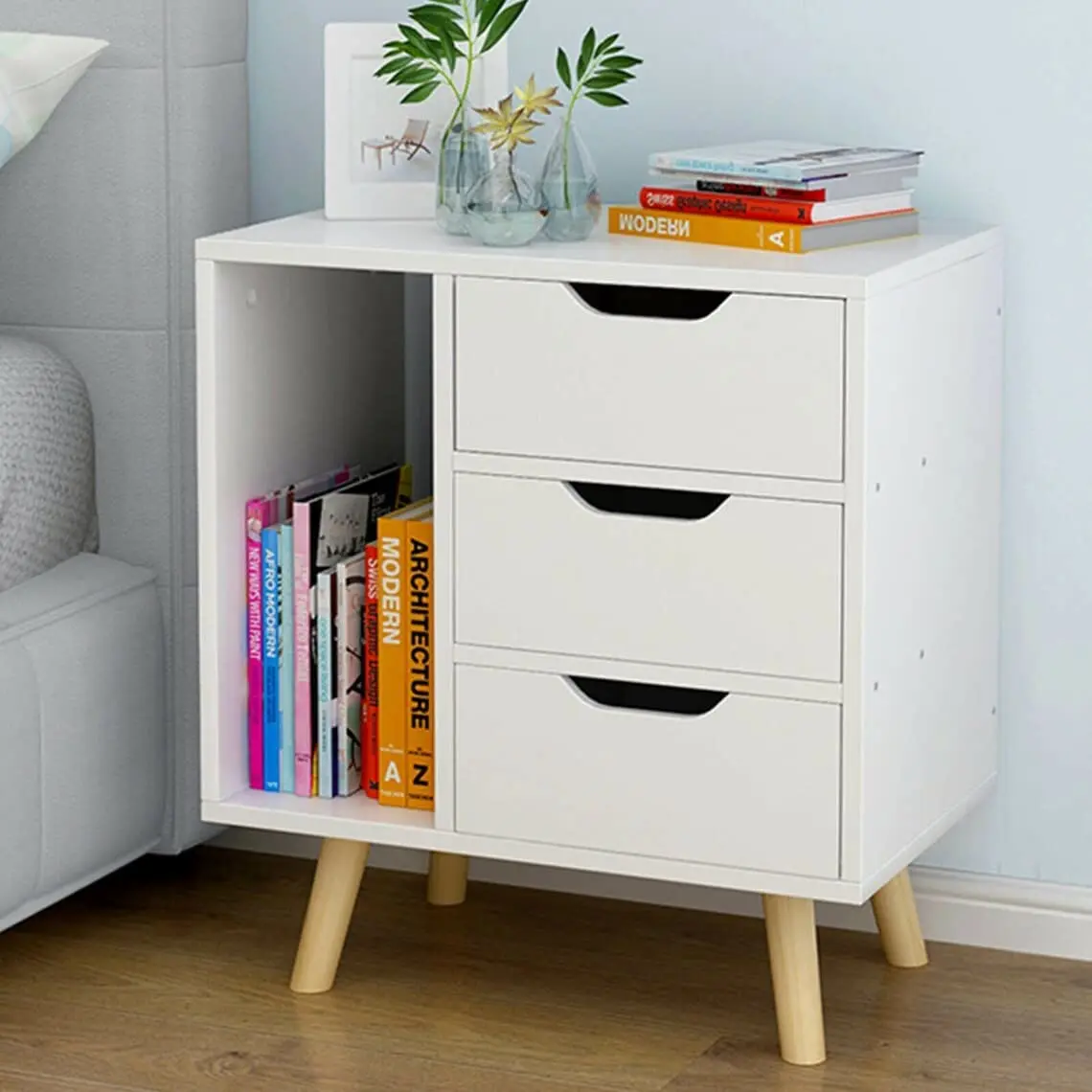 Bedside Cabinet Chipboard Open Compartment and Shelf Bedroom Nightstand Sofa Bed Side End Table Home Storage Organiser High