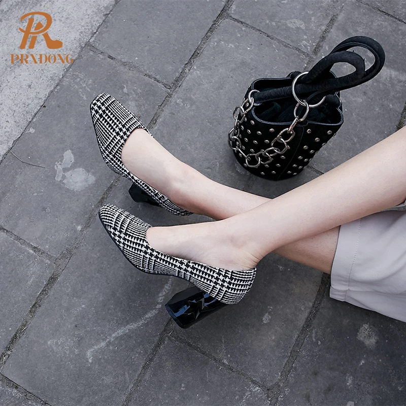 Тканевые женские туфли-лодочки с квадратным носком на толстом высоком каблуке, модные женские туфли-лодочки в клетку на платформе, вечерние Клубные классические туфли, большие размеры