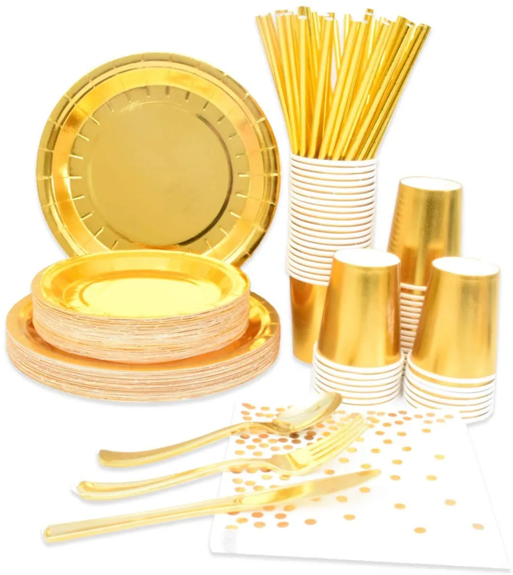 Full version gold birthday party tableware set paper towel paper tray paper cup disposable tableware
