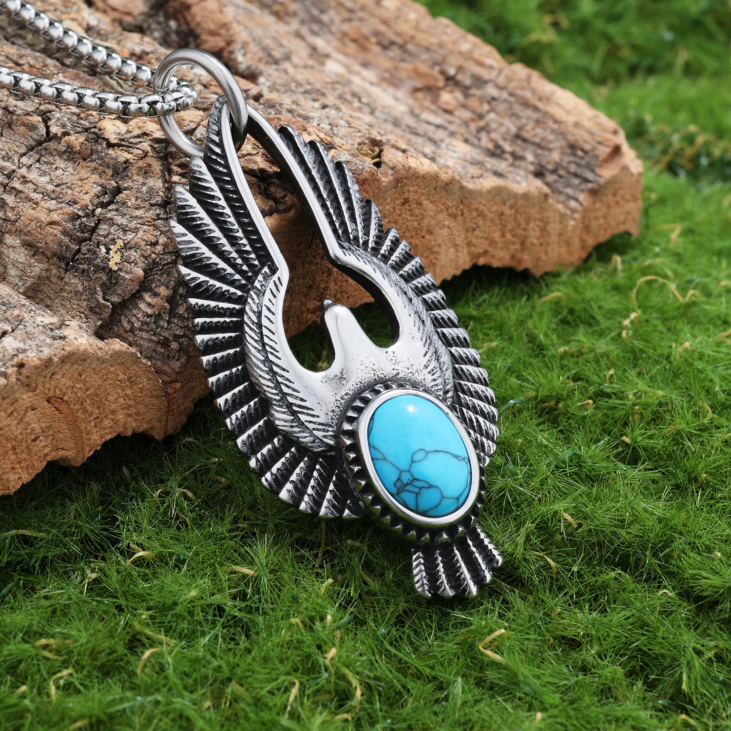 Punk Jewelry Wholesale Stainless Steel Turquoise Stone Bezel Setting Stainless Steel Material Bird Eagle Pendant Necklace