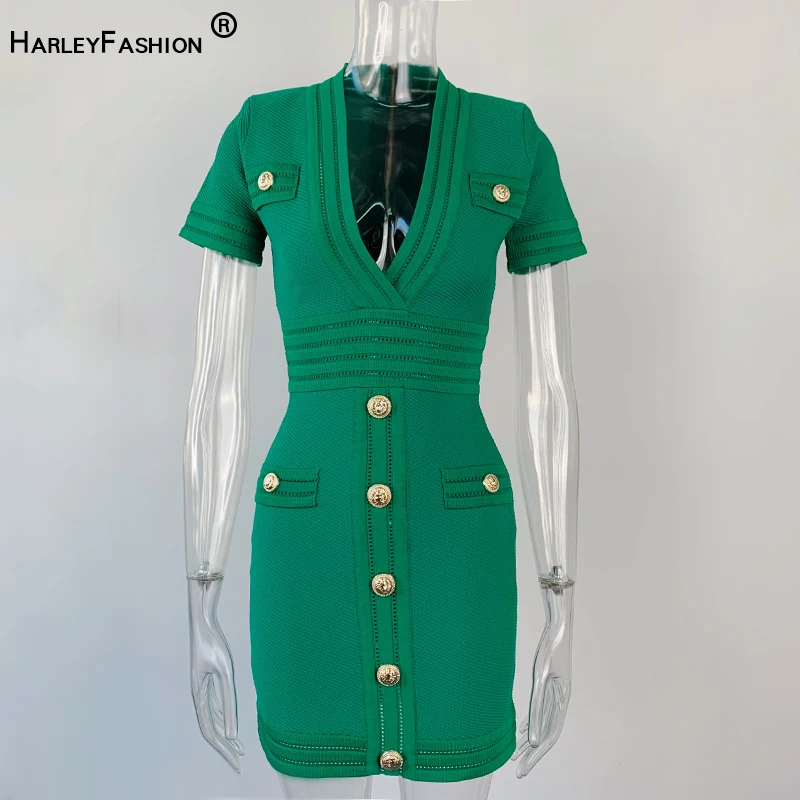 Summer Bright Emerald Knitting Dress Short Sleeve with Padder Sexy V-neck Stretchy Fabric