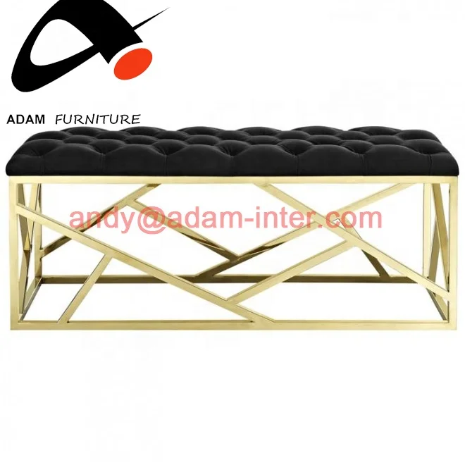 Hot Selling Modern Black Velvet Tufted and Gold Geometric Base Bench