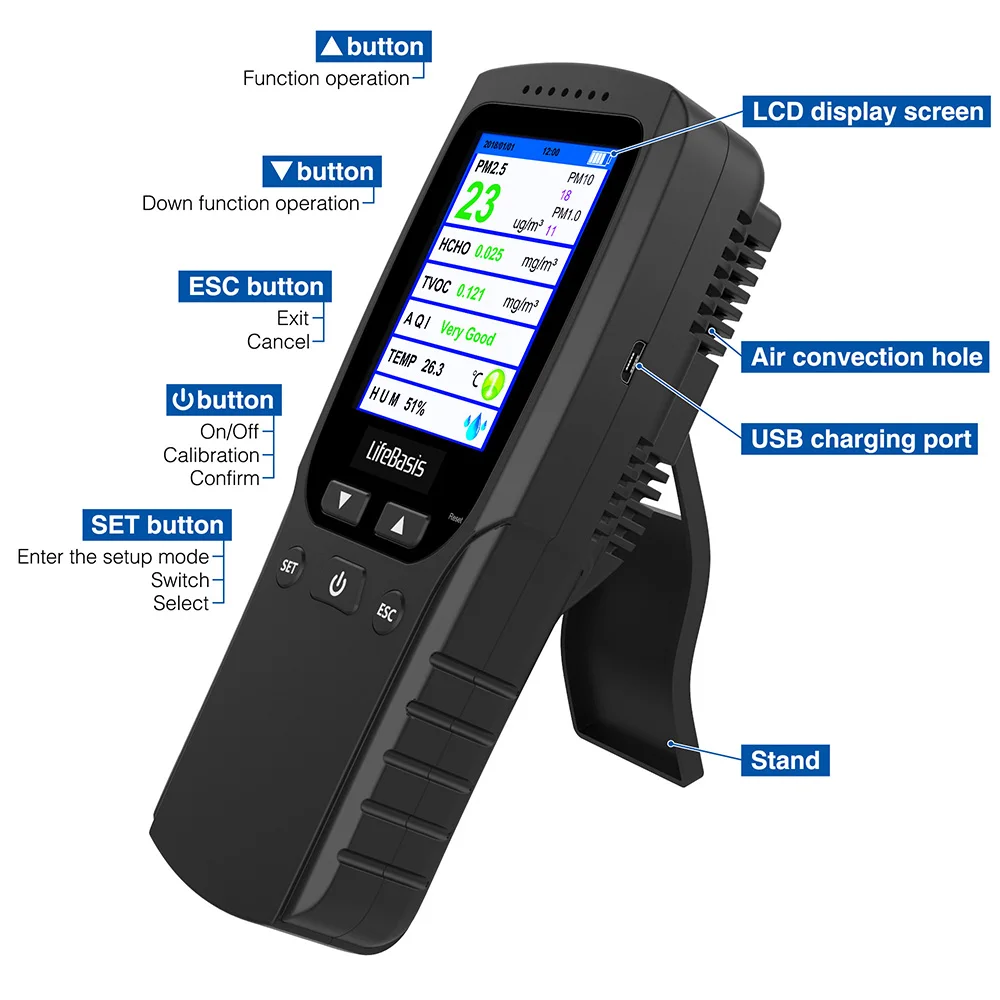 Portable AQI Gas Pollution Meter PM2.5 Formaldehyde PM10 Tester Air Pollution Laser For Car Air Quality Monitor Detector