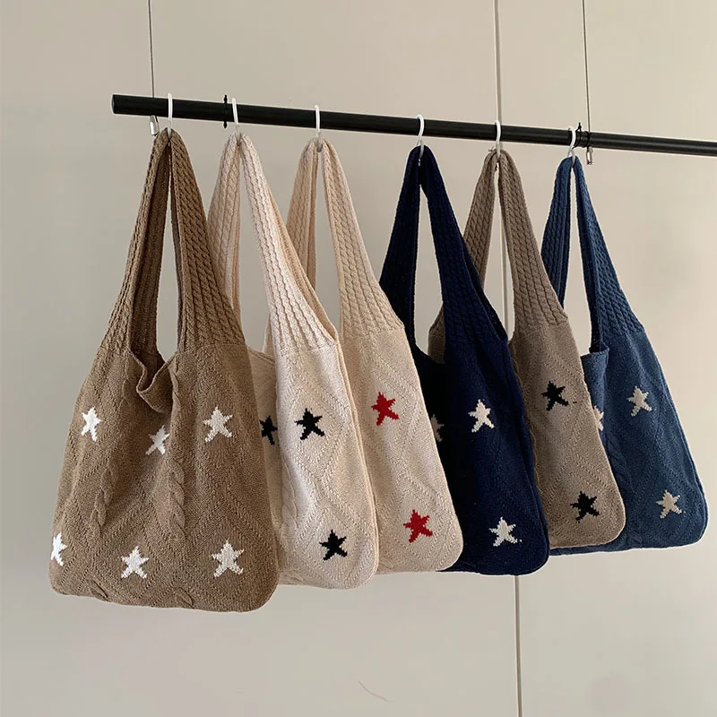 Хит продаж на заказ шерстяная тканая сумка-тоут большой емкости Модная вязаная сумка с узором в виде звезды