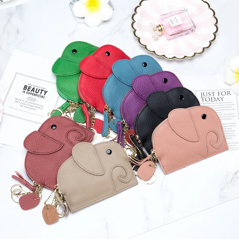 Romantic Kawaii Elephant Coin Purse for Ladies High Quality Genuine Leather Denim Mini Zipper Pouch with Animal Cartoon Pattern