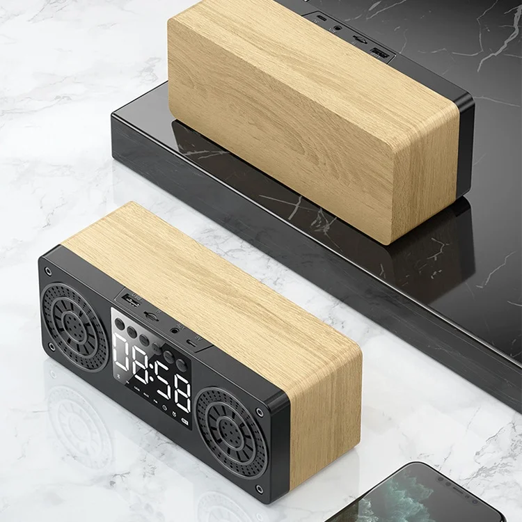Wooden Portable BT 5.0 Speaker Alarm Clock LED Display Speakers FM radio Stereo Desktop Subwoofer Support TF AUX USB FM Radio