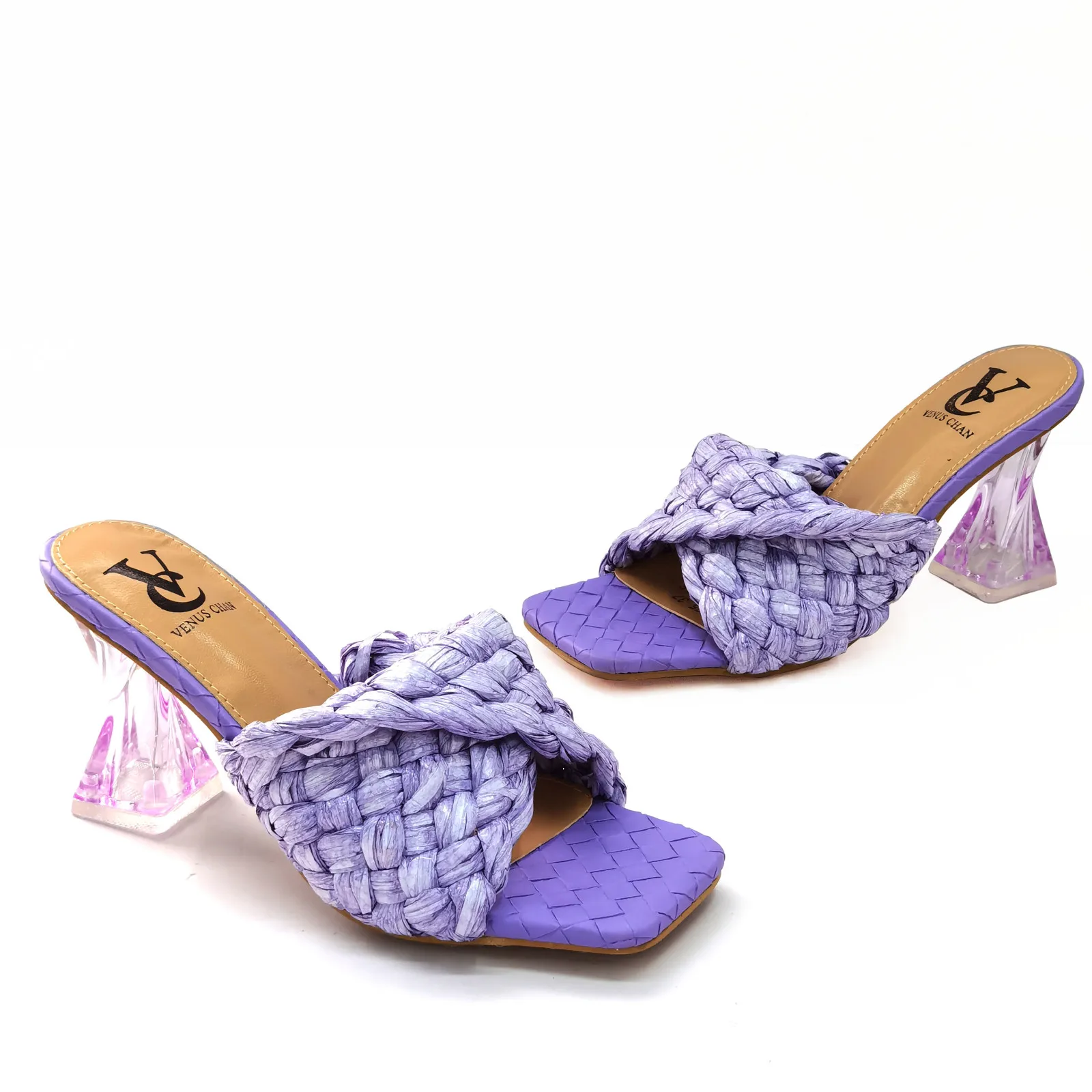 Factory wholesale printed flower pu pointed toe high heel sandal shoes women