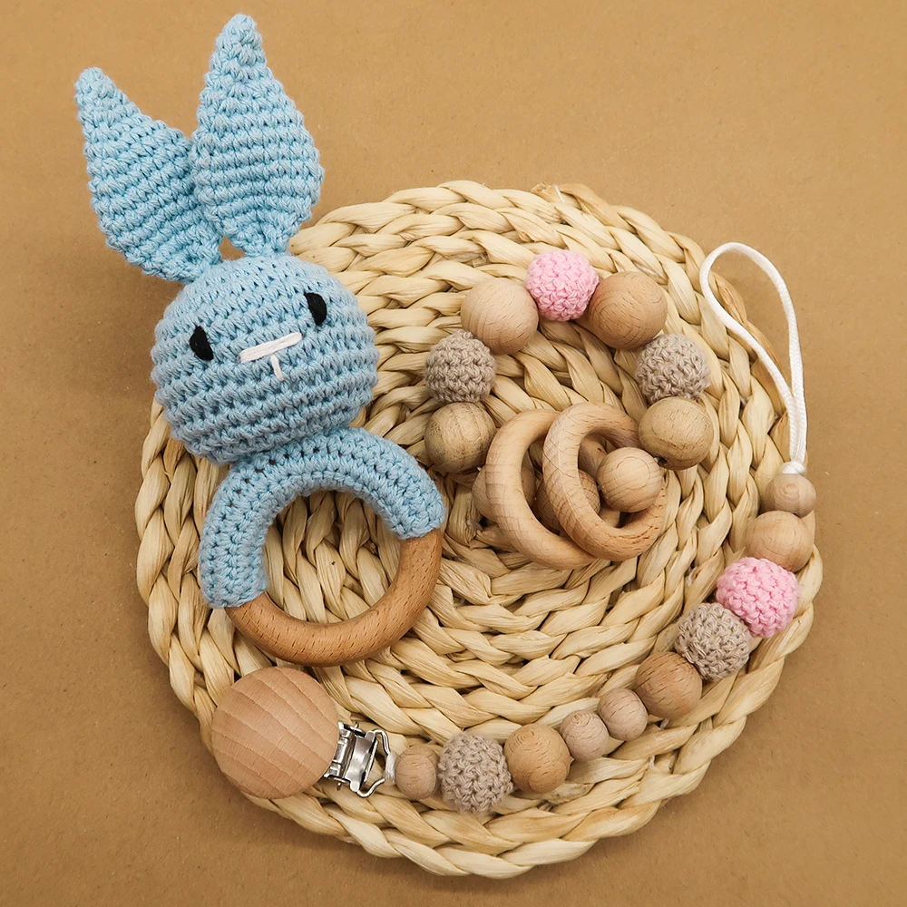 Hot sale handmade crochet toys animal elephant giraffe rabbit teethers children soother Rattle Toy baby wooden rattle