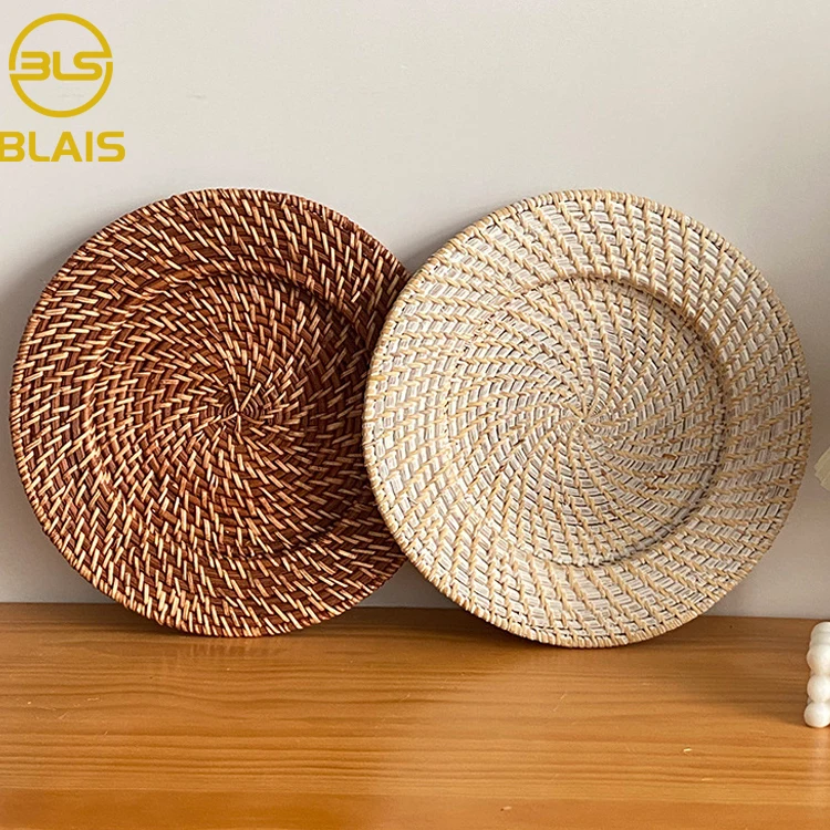 33 cm white washd brown hand woven rattan wicker charger plates wedding, round bulk decorative under base decorative dishes