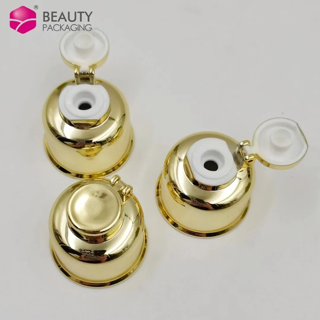 Manufacturer 24mm 28mm UV aluminum shiny Gold silver Cosmetics Plastic Bottle Bell Shape flip top cap lid