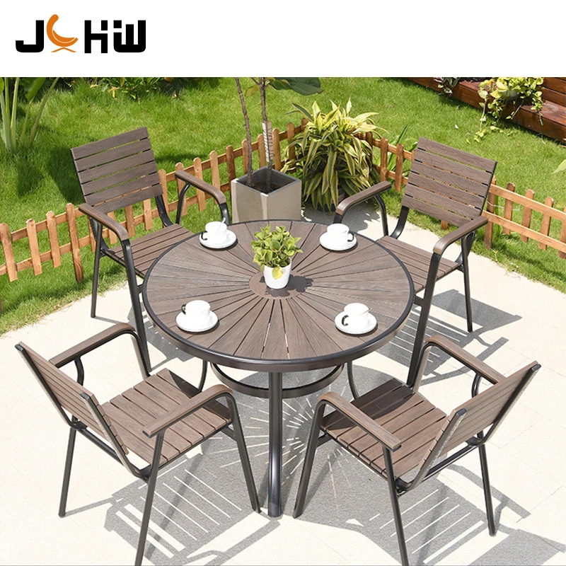European Luxury 4 Seater Round Outdoor Furniture Lounge Kitchen Patio Dining Table And Chairs Set Plastic Wood Garden Sets