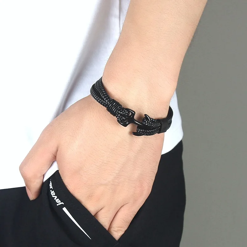 Adjustable Custom Stainless Steel Anchor Handmade Nylon Rope Braided Black Double PU Genuine Leather