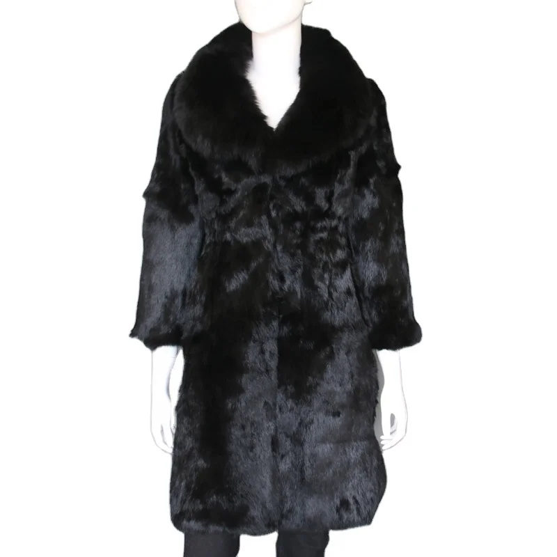 Real rabbit fur coat long style winter women overcoat with fox fur collar