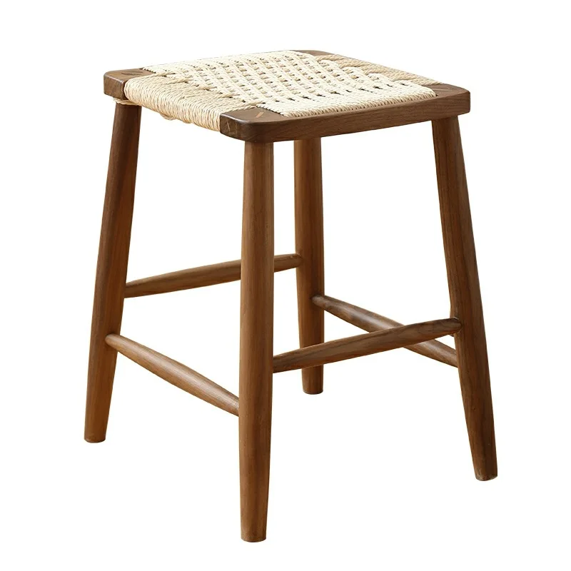 DISHI Solid Wood Stool japanese Rattan Modern Home Bar Chair Rope Woven Log High Stool