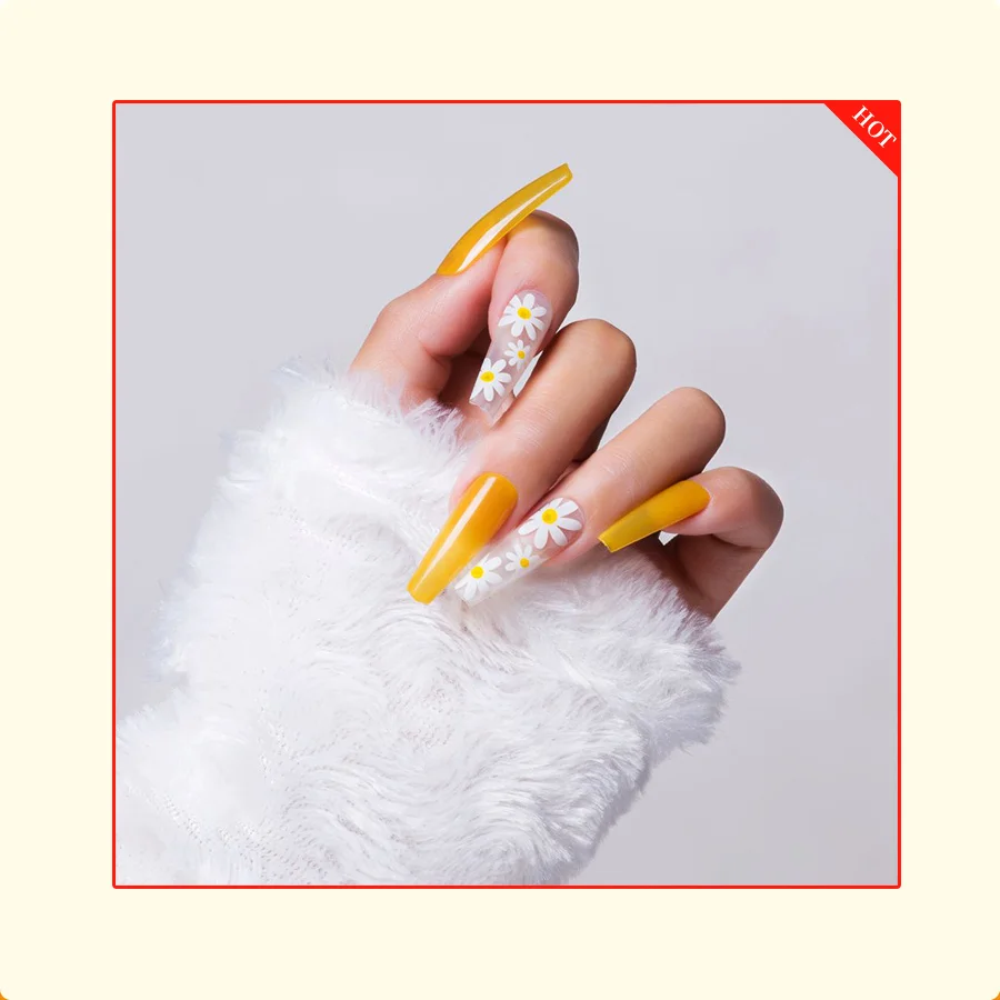 2022 New Style Long Coffin Press On Luxury False Nails yellow camomile  Ballerina Nails Press on Nails Faux Ongles