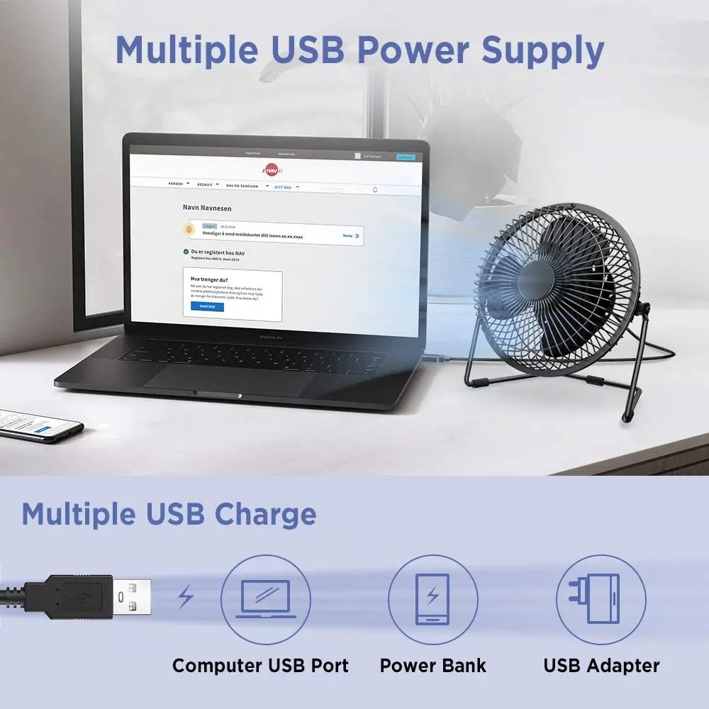 6 Inch Mini Metal USB Desk Fan Small Quiet Powerful USB Powered Portable Fan Personal Cooling Fan with 2 Speed for Home Office