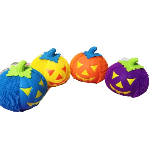 Different Color Hairy Tpr Puffer Ball Toys Squeeze Flashing Halloween Pumpkin Led Spick Puffer Ball Stress Reliever Balls Toy