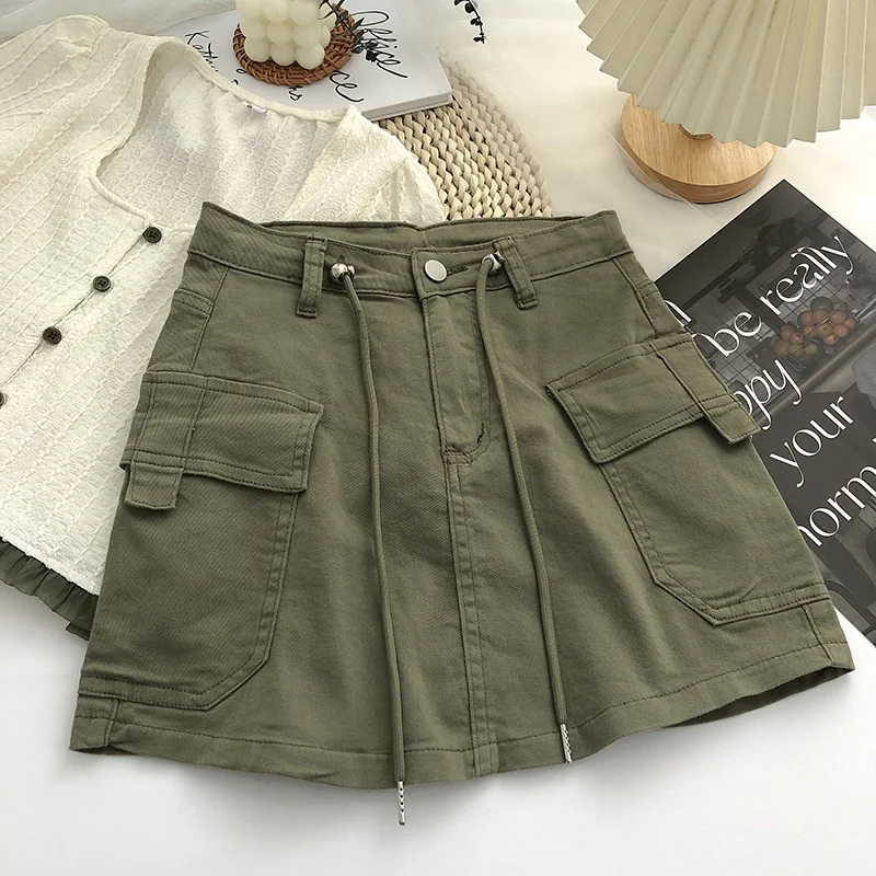 Black Army Green Khaki A-line Skinny Fit Sexy Skirt Women High Waist Cargo Skirts With Drawstring Pockets