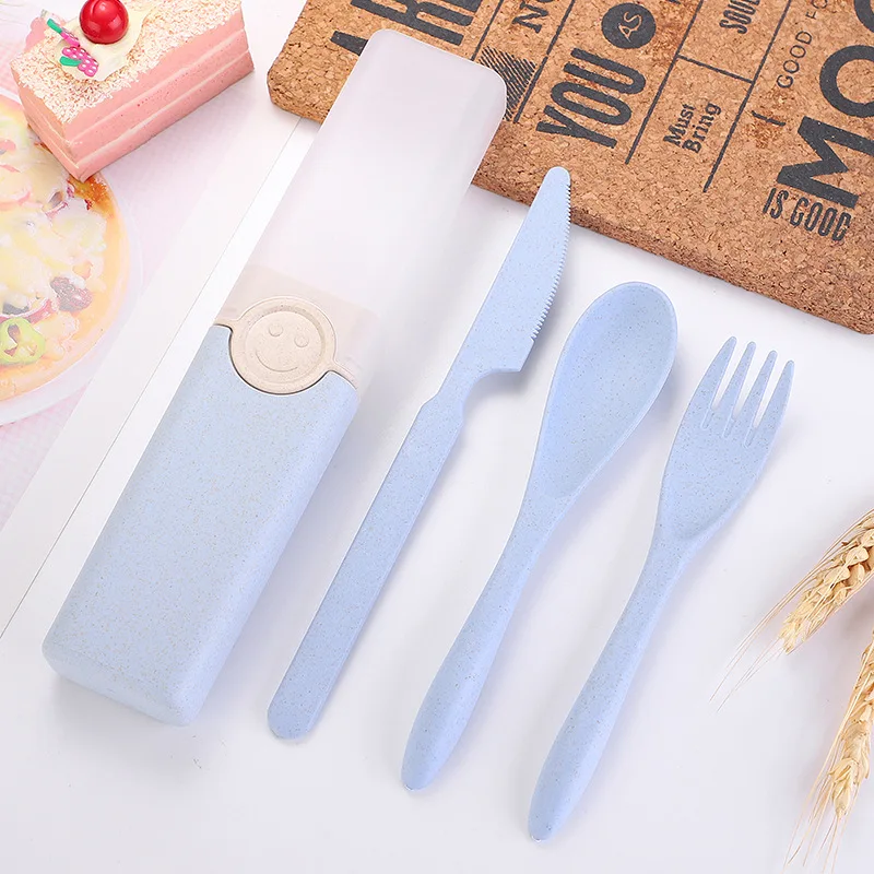 Eco Friendly Dinnerware Sets Box Knife Fork Spoon Tableware Set Reusable Plastic Wheat Straw Cutlery