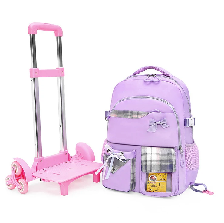 factory custom purple waterproof oxford bookbag children schoolbag primary school trolley backpack bag with wheel for kid