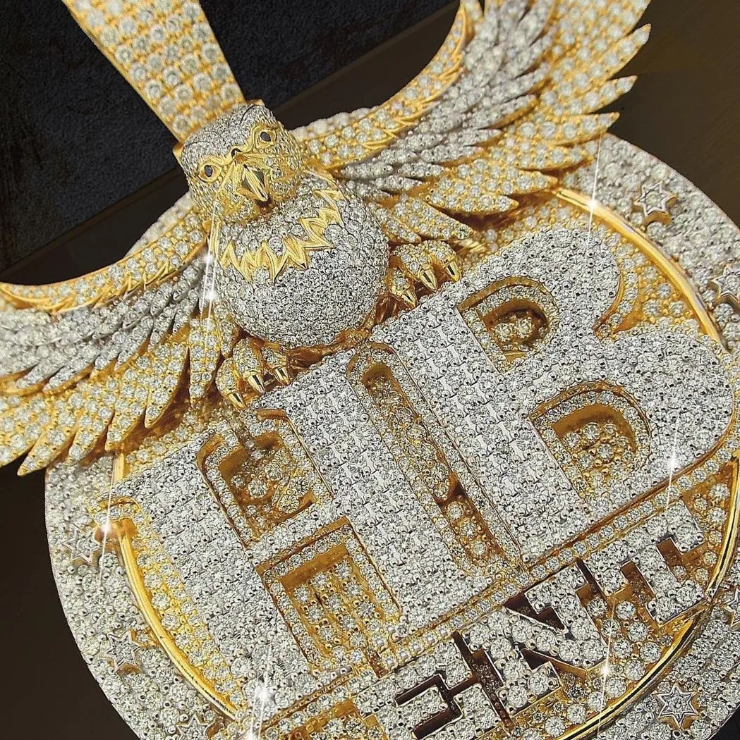 18k Real Gold Plated Iced Out Jewelry 3D Design Eagle Moissanite Solid Circle Pendant 925 Hip Hop Rapper Moissanite Pendant