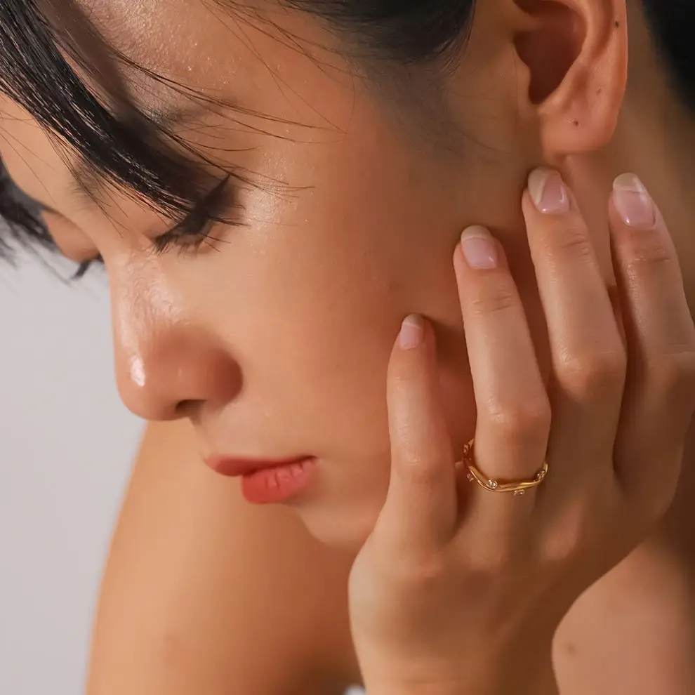 18K Gold Plated Stainless Steel Dainty Water Wave Irregular Cubic Zirconia Pearl Adjustable Rings