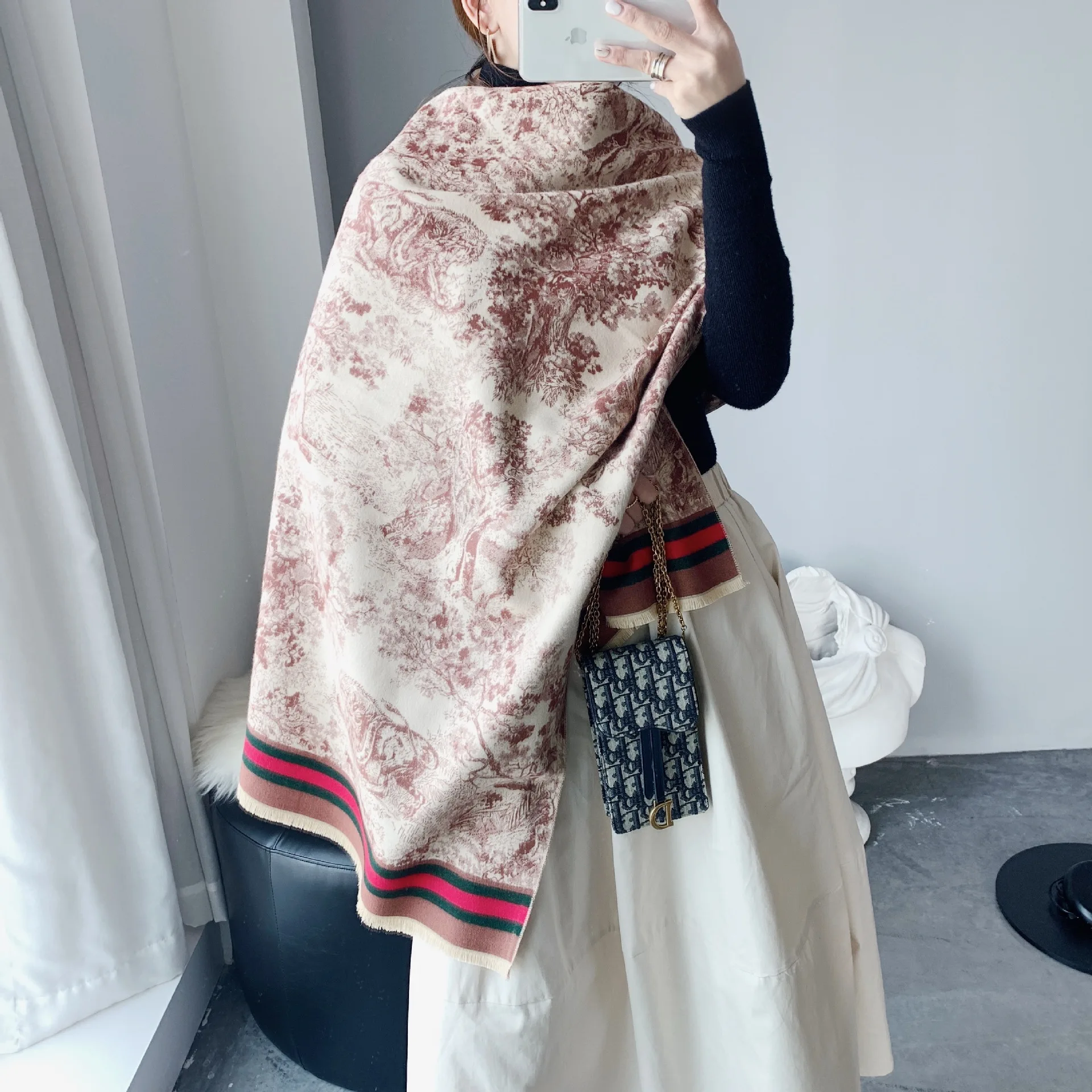 Ink Painting Jacquard shawl Winter retro Long Cashmere fashion warmth thick pashmina scarf