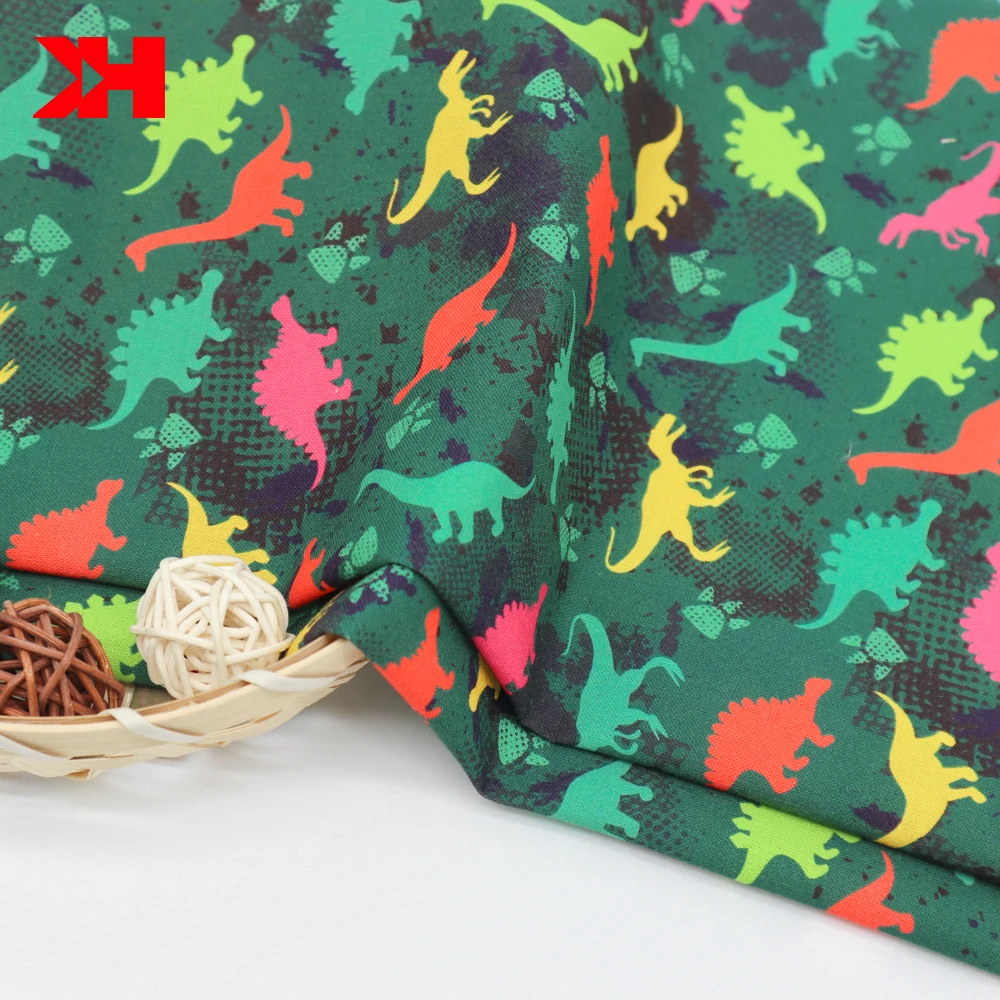 Kahn free sample stock wholesale 145gsm custom fabric digital printing dinosaur kids woven organic cotton fabric