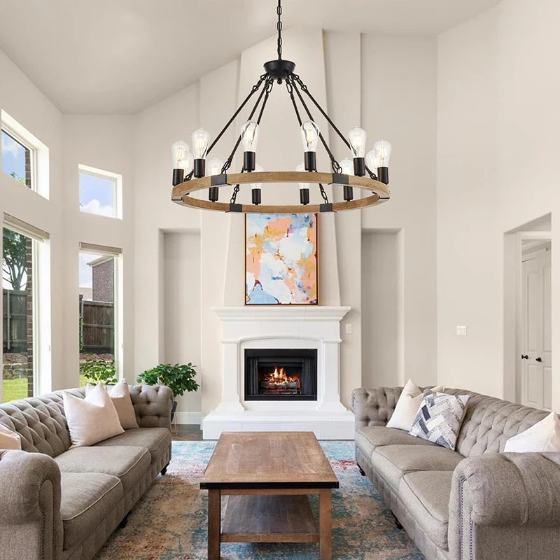 12 Lights Wood Wagon Wheel Chandelier Farmhouse Rustic Black Metal Ceiling Hanging Light Vintage for Living Dining Room