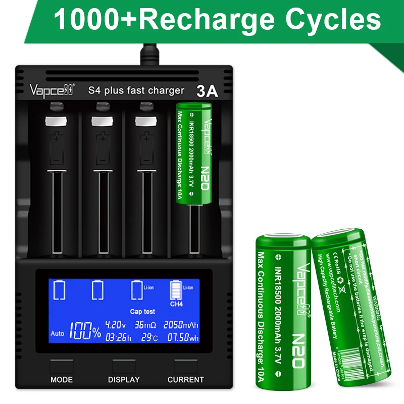 new Vapcell N20 18500 2000mah 10A high capacity and high drain lithium ion battery rechargeable cells for flashlight camera