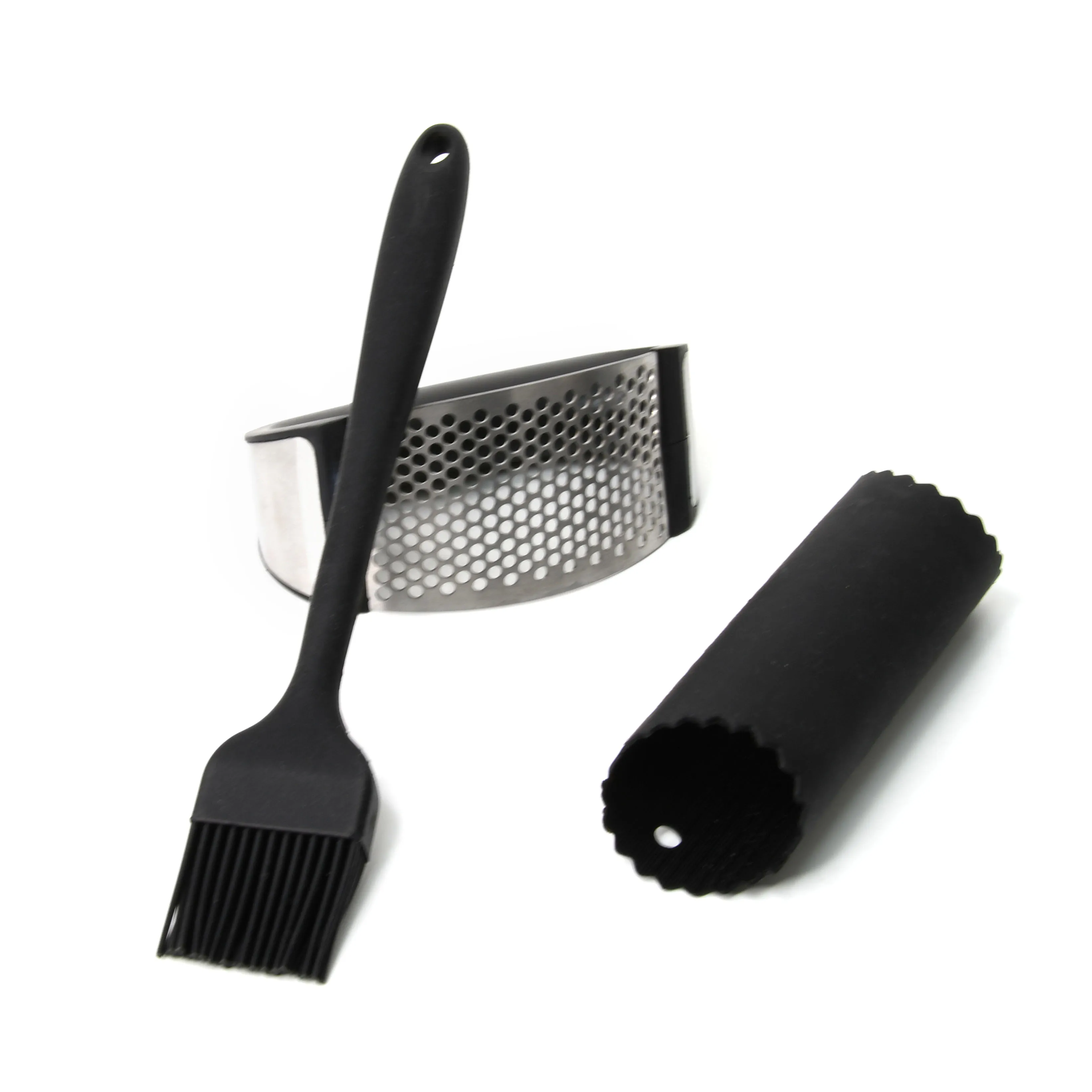 
3 pcs black silicone garlic peeler stainless steel garlic press cutter set with brush 