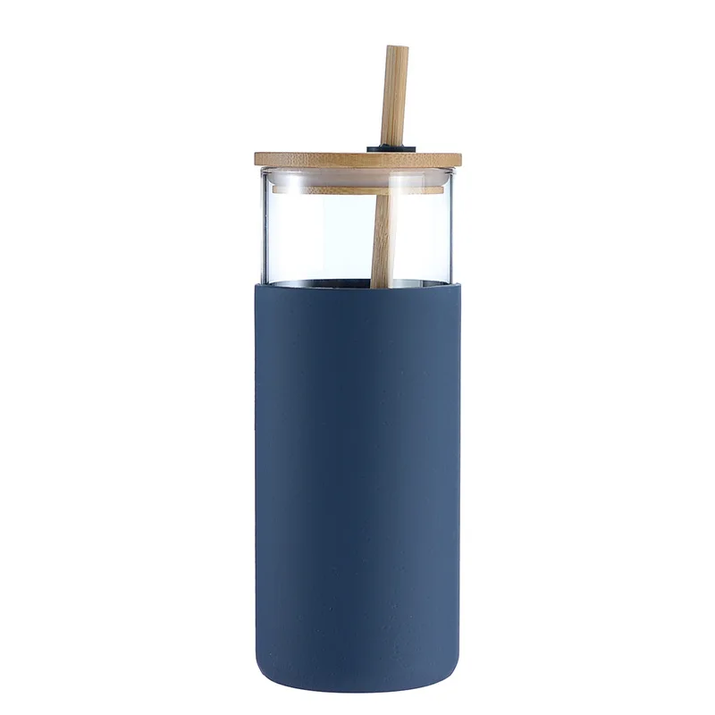 500ml Silicone Protective Sleeve Glass Tumbler Glass Water Bottle Gym Glass Cup with Bamboo Lid and Straw