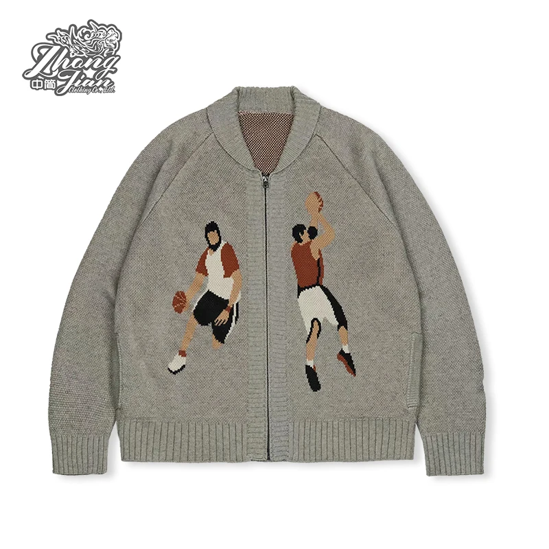 Green casual autumn wear full  rugby  zipper jacket sports knitted cardigan sweater for man