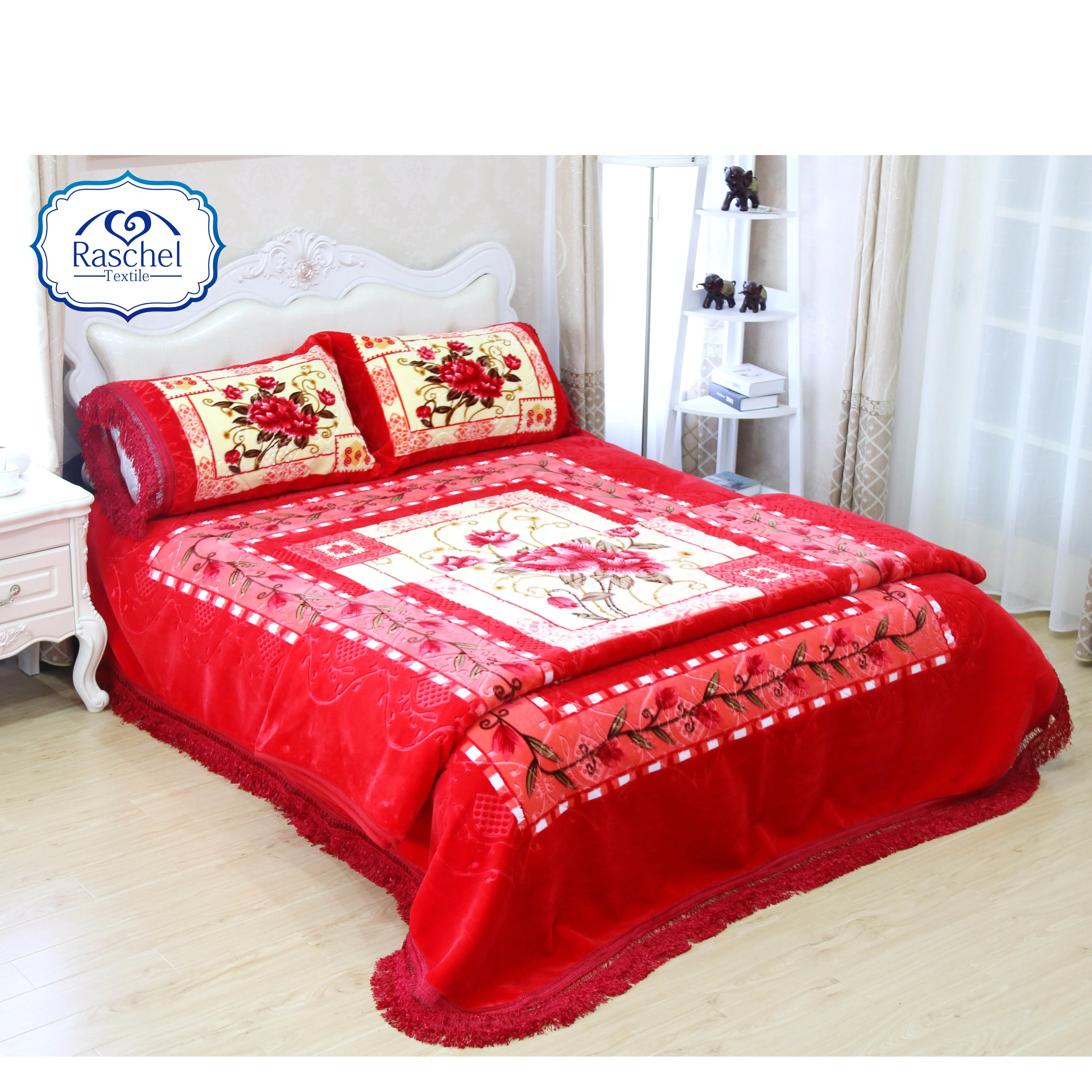 100% Polyester four pcs raschel blanket bedding set