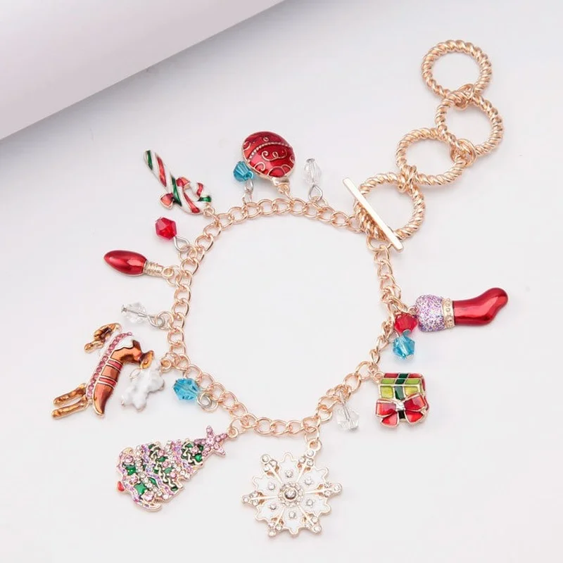 Рождественское ожерелье браслет Мода Снежинка Рождественская елка чулок олень сплав падение масло ожерелье браслет