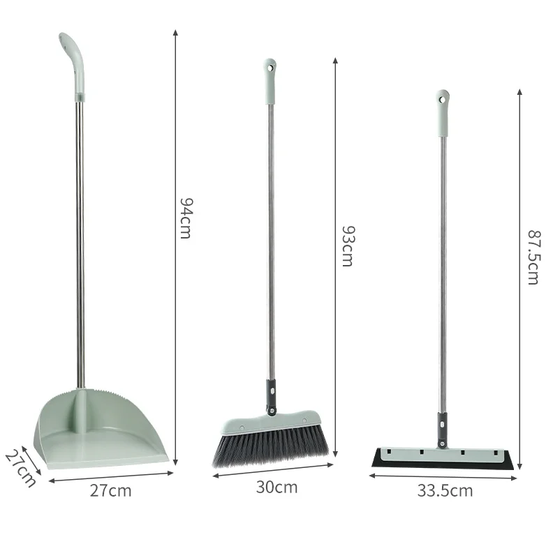 Office stainless steel rod broom dustpan window brush three piece set for multifunctional cleaning