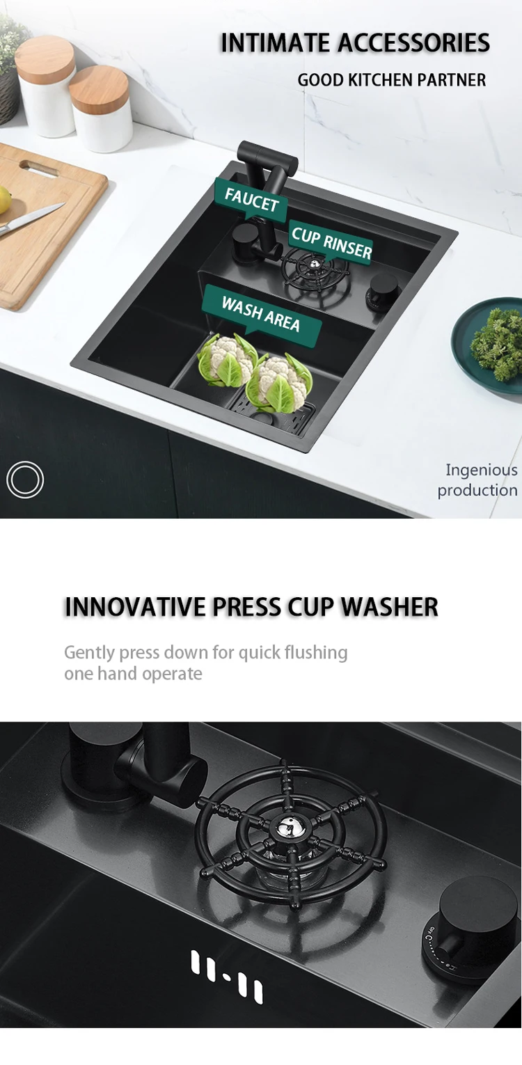 Invisible Flat Cover Single Bowl Modern Stainless Steel Luxury Kitchen Sinks Glass Rinser Built In Tea Bar Sink